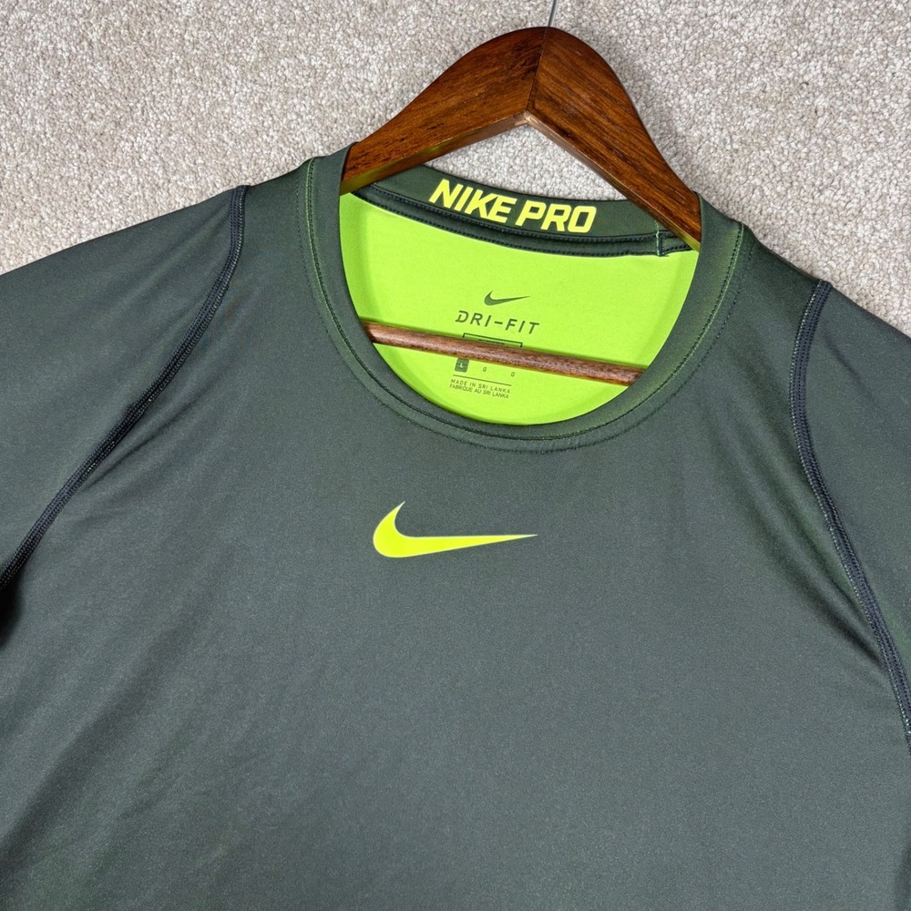 Nike Pro Dri-FIT Fitted Training Shirt Mens Large Olive Green Neon Short Sleeve